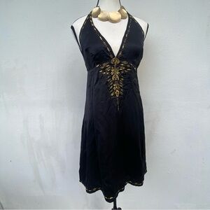 Y2K Lotta Stensson 100% Silk Black & Gold Embroidered Halter Mini Dress Size 6